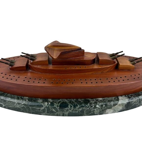 Vintage Wood Battle Ship Shaped Cribbage Board Game on Marble Base Cannon Pegs - Picture 8 of 11